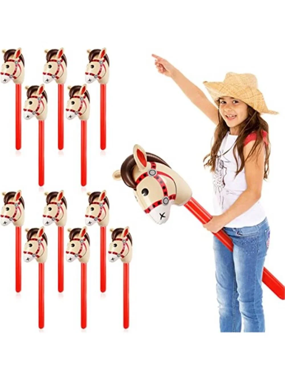 12 Pieces Inflatable Stick Horse Cute Horse Head Stick Blow up Balloon Party